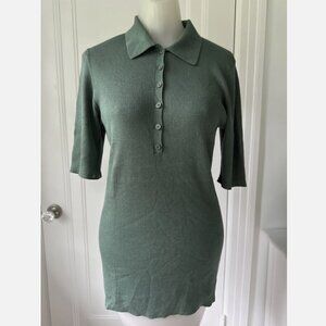 Lafayette 148 Ribbed Button Silk Knit Polo M Medium Green Ribbed